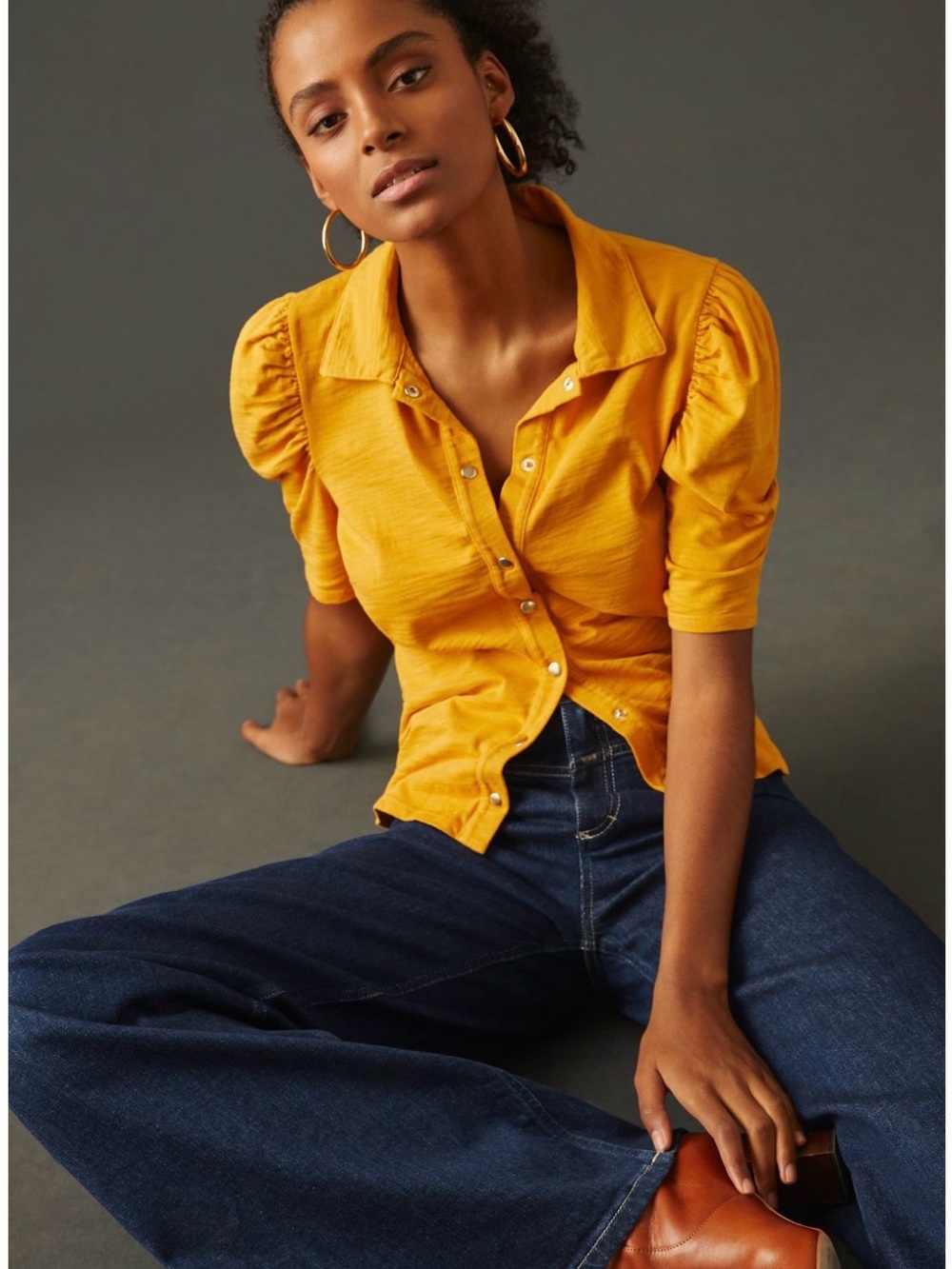 Nation LTD Mustard Yellow Ennis Feminine Work Shirt Puff Sleeve Blouse Sz S